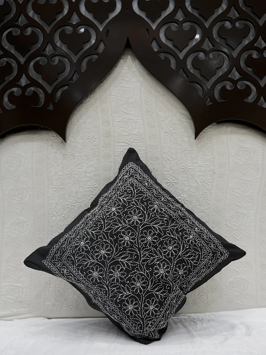 Ada Hand Embroidered Black Cotton Lucknowi Chikankari Cushion Cover 01A449778