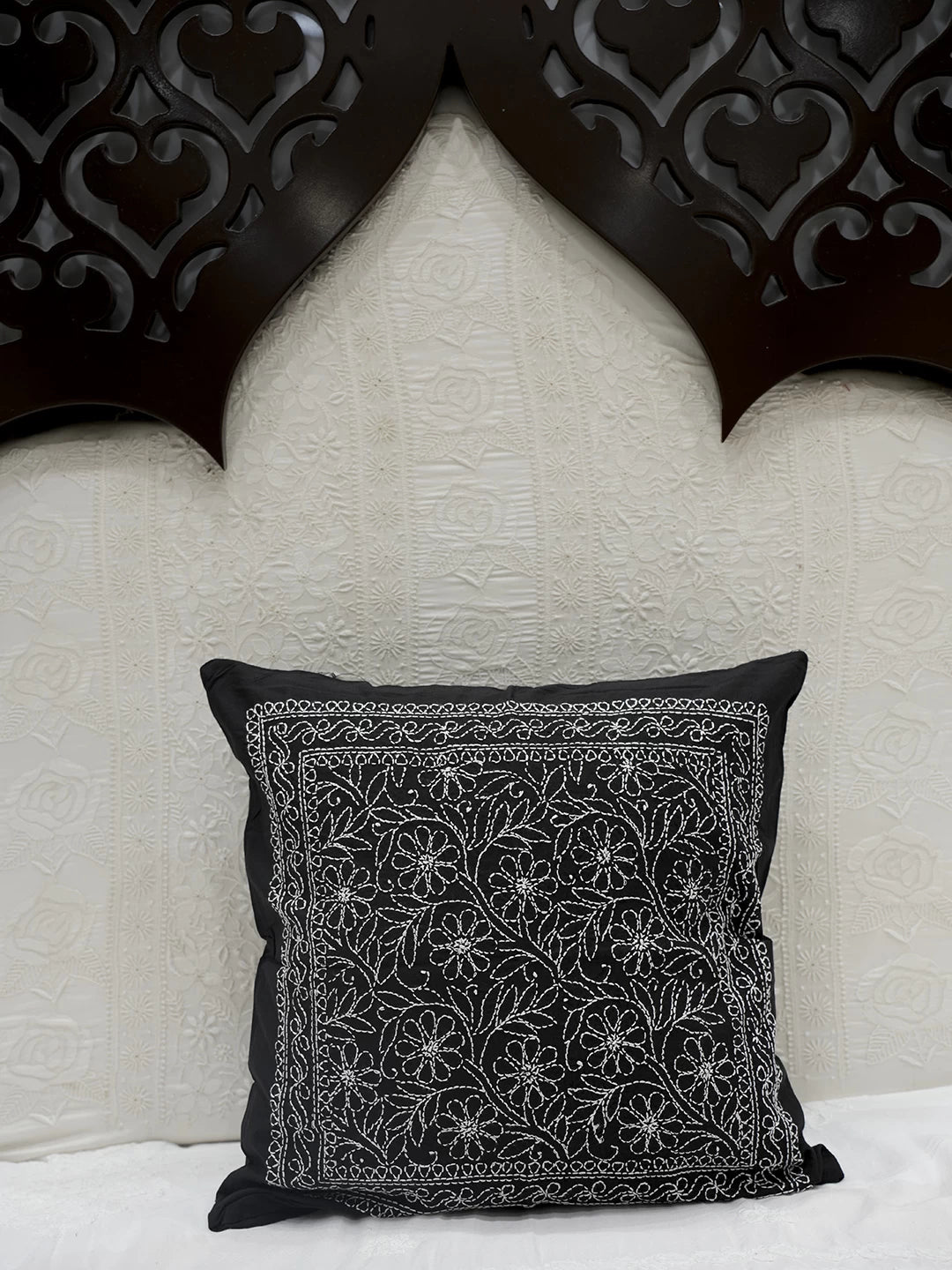 Ada Hand Embroidered Black Cotton Lucknowi Chikankari Cushion Cover 01A449778