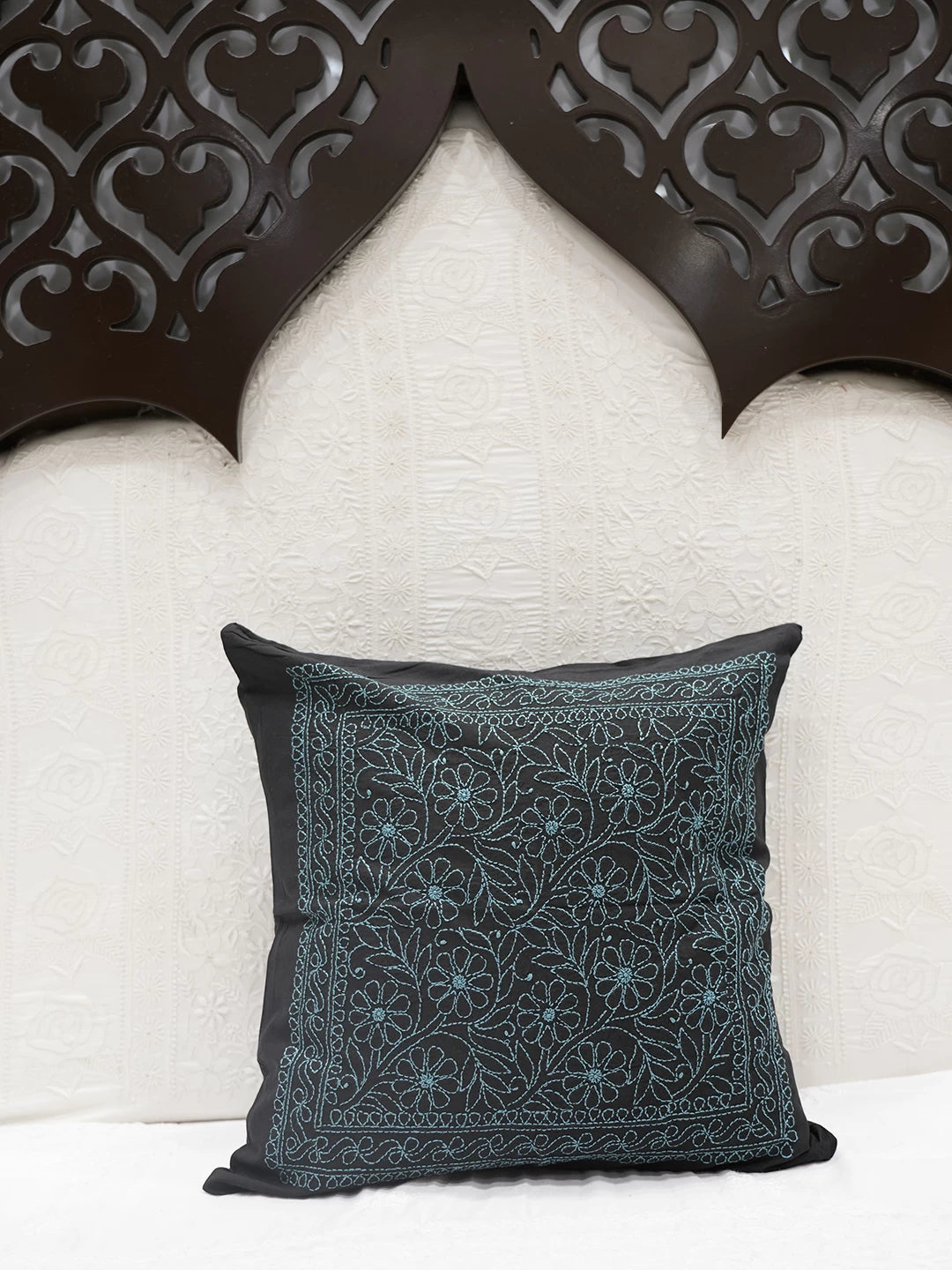 Ada Hand Embroidered Black Cotton Lucknowi Chikankari Cushion Cover 01A449753