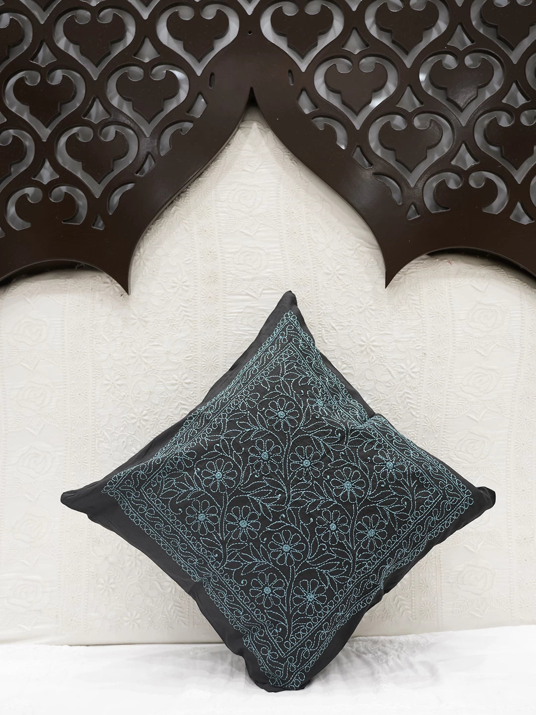 Ada Hand Embroidered Black Cotton Lucknowi Chikankari Cushion Cover 01A449753