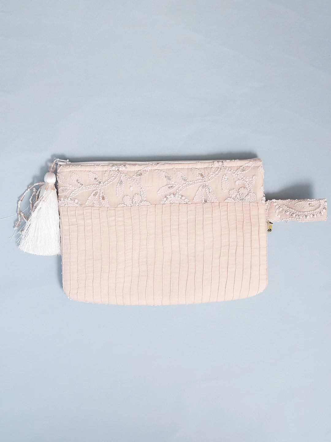 Ada Hand Embroidered Peach Chanderi Lucknowi Chikankari Pouch With Pearl Work 01A513034