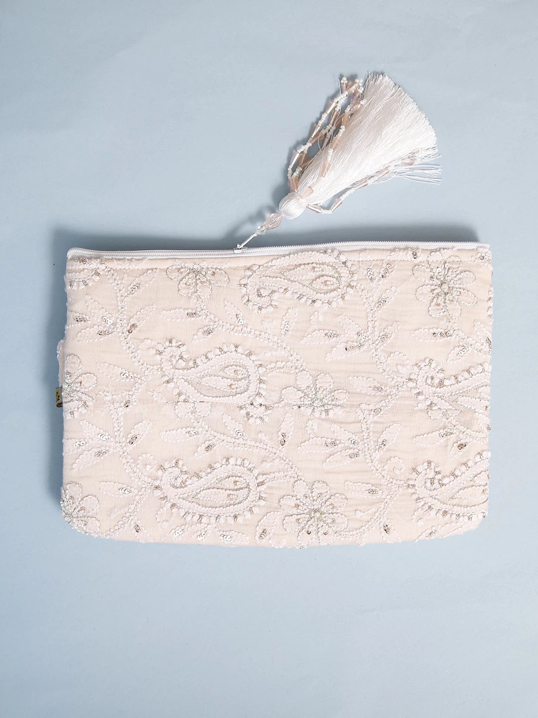 Ada Hand Embroidered Peach Chanderi Lucknowi Chikankari Pouch With Pearl Work 01A513034