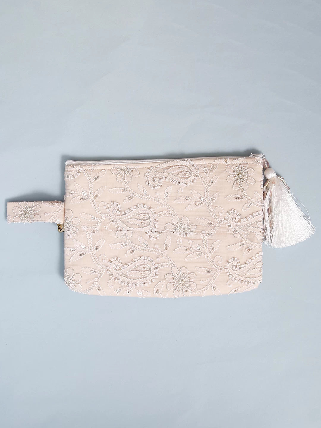 Ada Hand Embroidered Peach Chanderi Lucknowi Chikankari Pouch With Pearl Work 01A513034