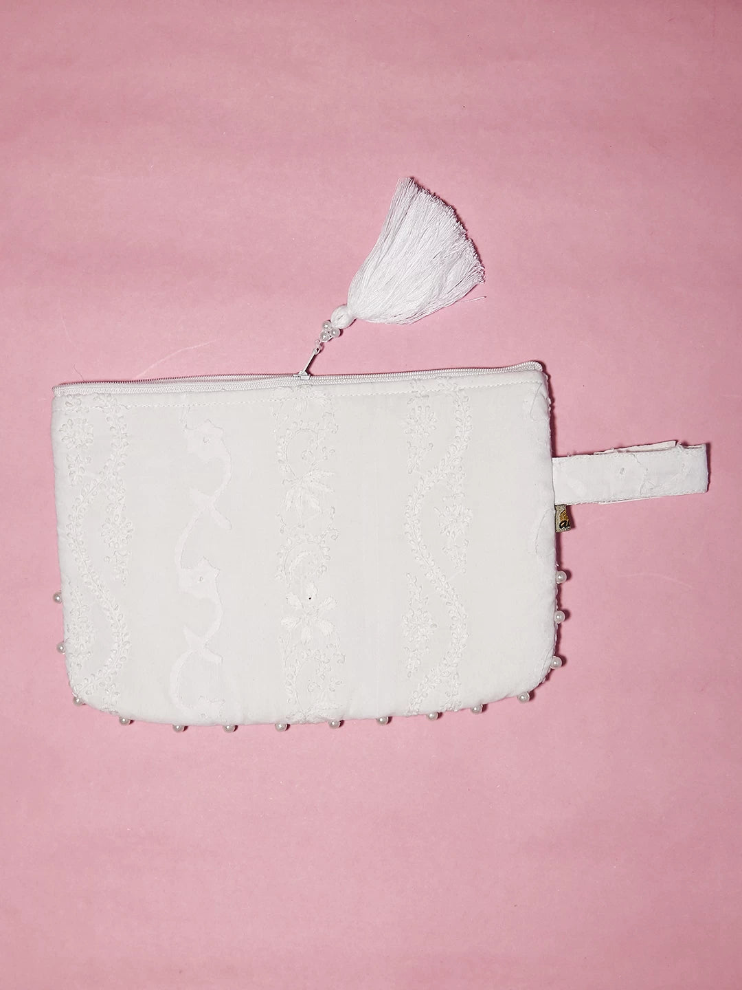 Ada Hand Embroidered White Cotton Lucknowi Chikankari Pouch With Pearl Work 01A522558