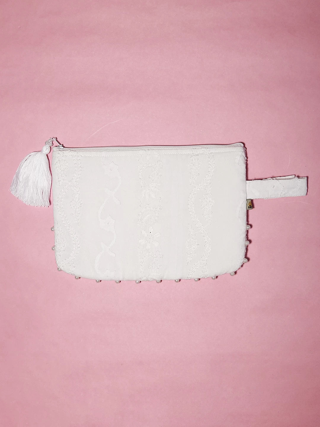 Ada Hand Embroidered White Cotton Lucknowi Chikankari Pouch With Pearl Work 01A522558