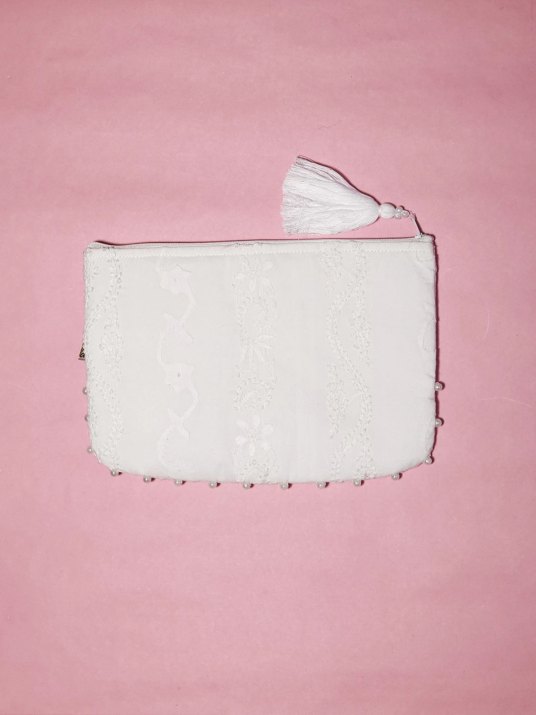 Ada Hand Embroidered White Cotton Lucknowi Chikankari Pouch With Pearl Work 01A522558