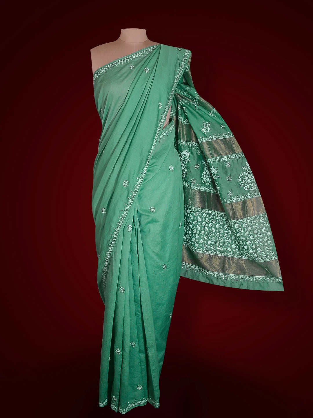 Ada Hand Embroidered Teal Green Chanderi Lucknowi Chikankari Saree With Blouse 01A520232