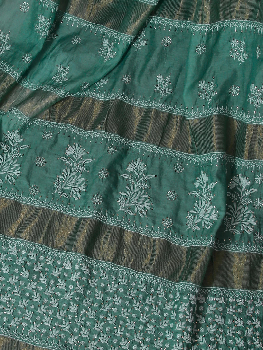 Ada Hand Embroidered Teal Green Chanderi Lucknowi Chikankari Saree With Blouse 01A520232