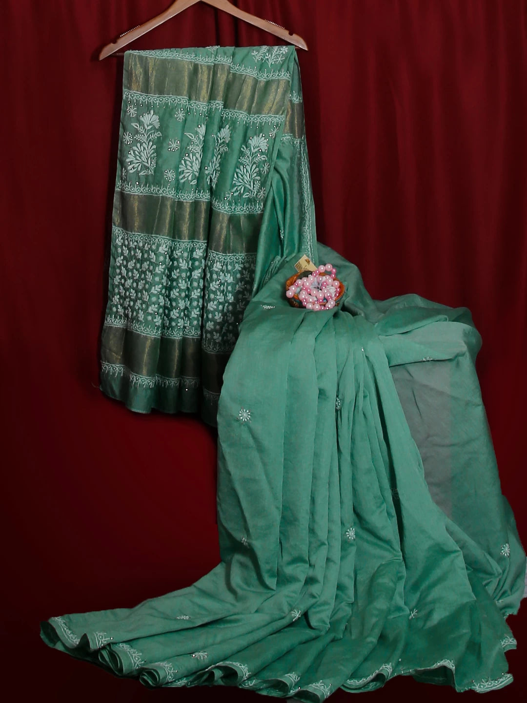 Ada Hand Embroidered Teal Green Chanderi Lucknowi Chikankari Saree With Blouse 01A520232
