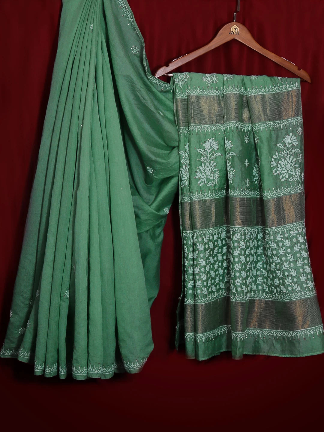 Ada Hand Embroidered Teal Green Chanderi Lucknowi Chikankari Saree With Blouse 01A520232