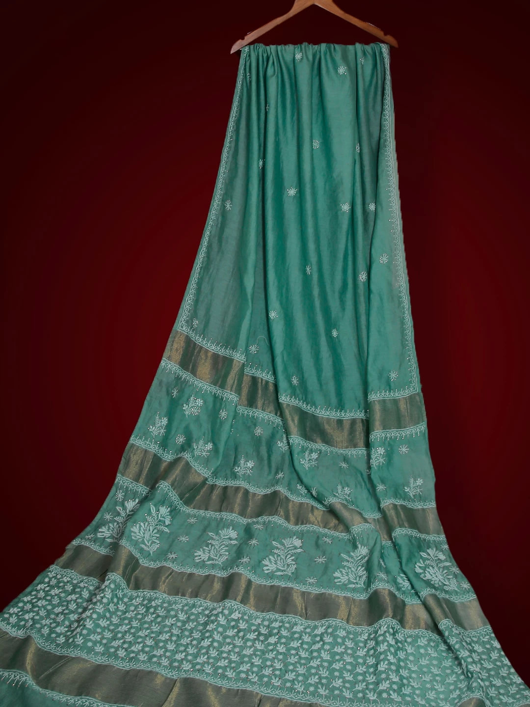Ada Hand Embroidered Teal Green Chanderi Lucknowi Chikankari Saree With Blouse 01A520232