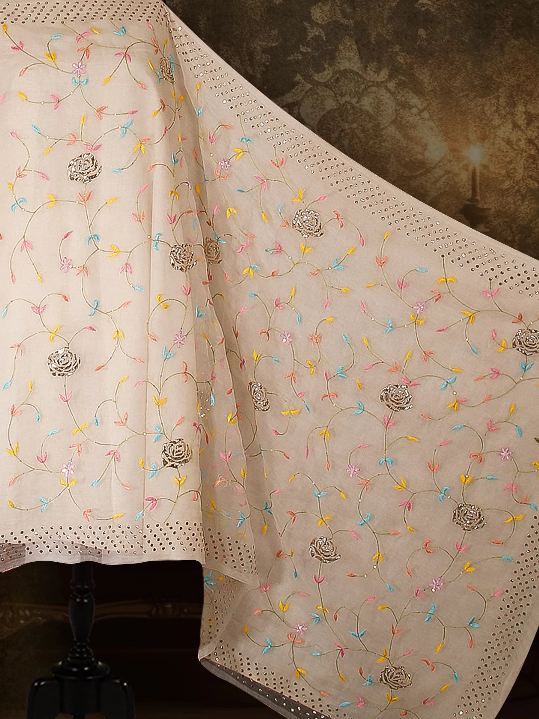 Ada Hand Embroidered Off White Organza Lucknowi Chikankari Saree With Blouse And Parsi Work 01A518774