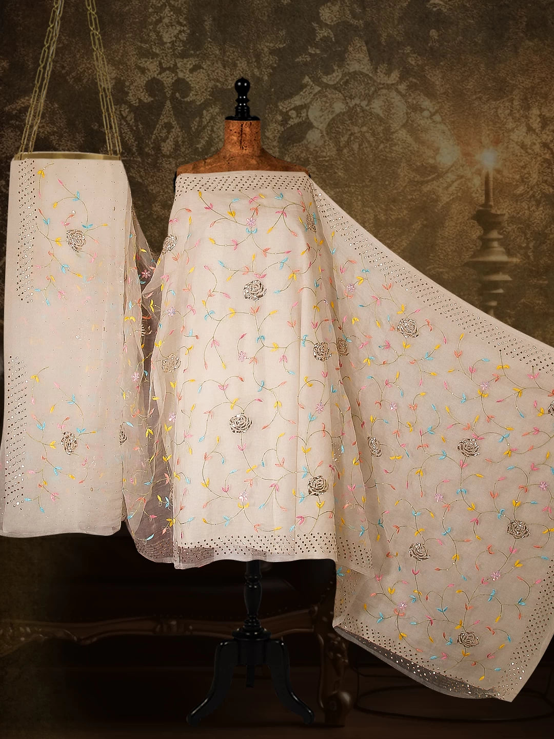Ada Hand Embroidered Off White Organza Lucknowi Chikankari Saree With Blouse And Parsi Work 01A518774