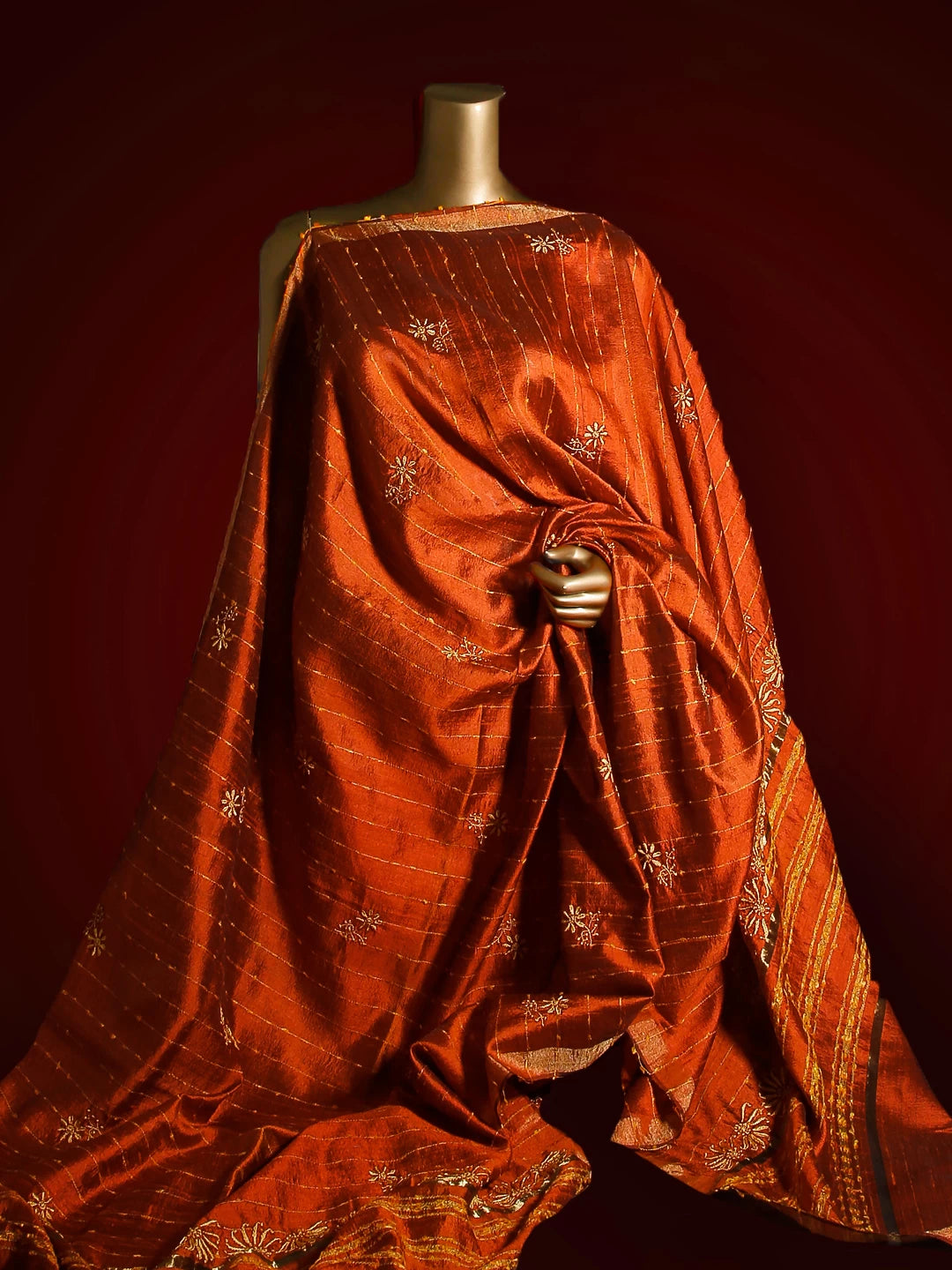 Ada Hand Embroidered Rust Silk Lucknowi Chikankari Dupatta 01A116530