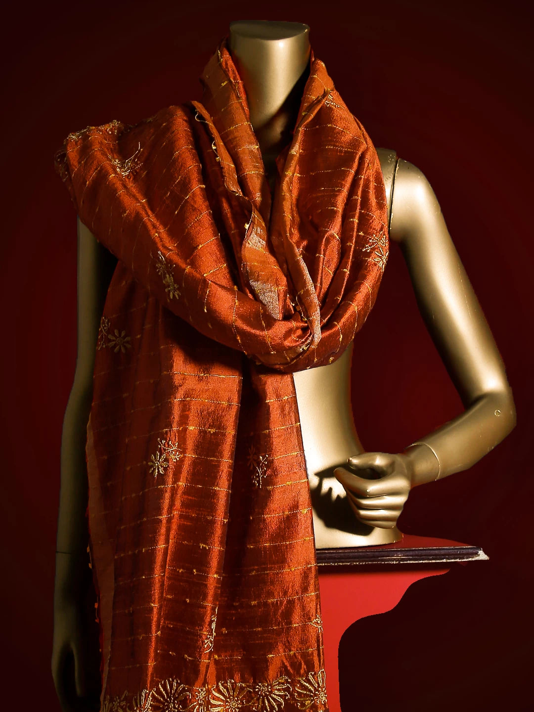 Ada Hand Embroidered Rust Silk Lucknowi Chikankari Dupatta 01A116530
