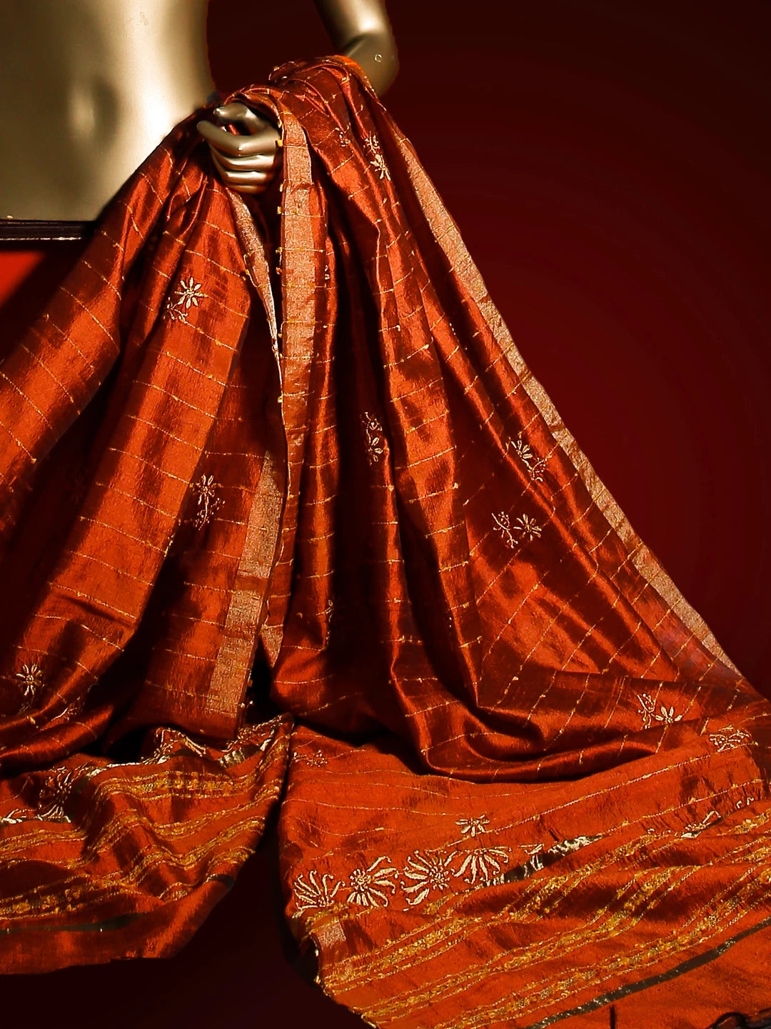 Ada Hand Embroidered Rust Silk Lucknowi Chikankari Dupatta 01A116530