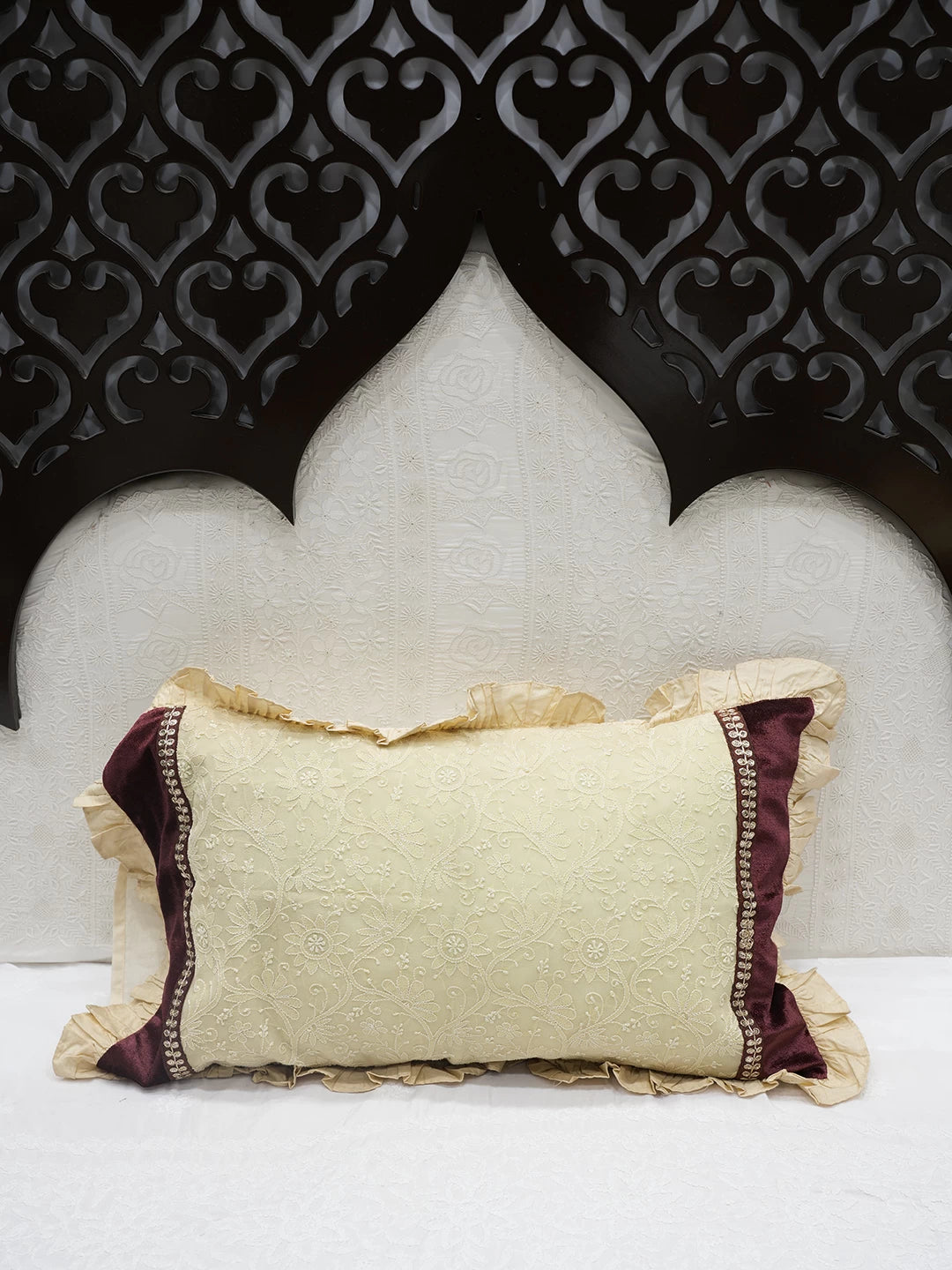 Ada Hand Embroidered Fawn And Maroon Georgette Lucknowi Chikankari Pillow Cover Set Of 1 A340613