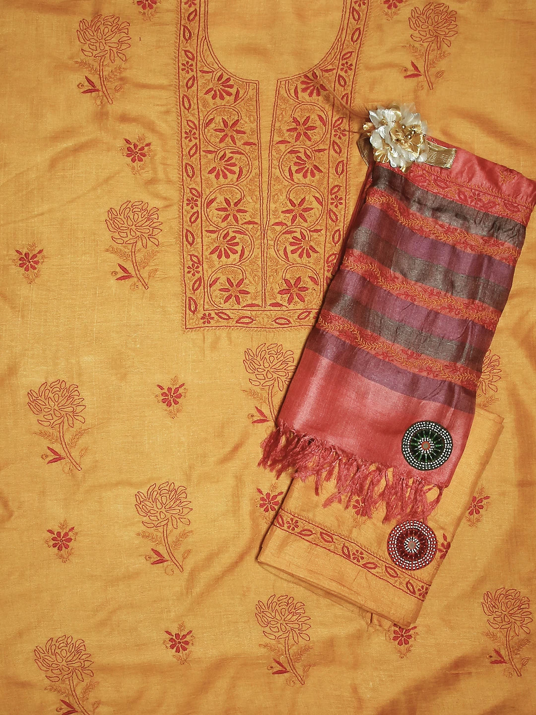 Ada Hand Embroidered Mustard And Pink Silk Lucknowi Chikankari Unstitched Suit Piece 01A517558