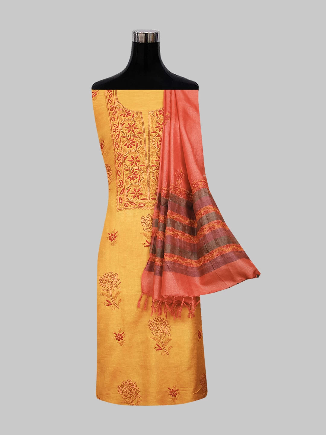 Ada Hand Embroidered Mustard And Pink Silk Lucknowi Chikankari Unstitched Suit Piece 01A517558