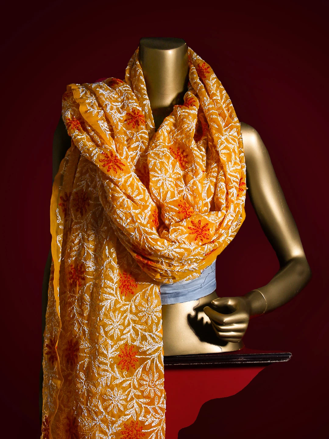Ada Hand Embroidered Mustard Georgette Lucknowi Chikankari Dupatta 01A211082