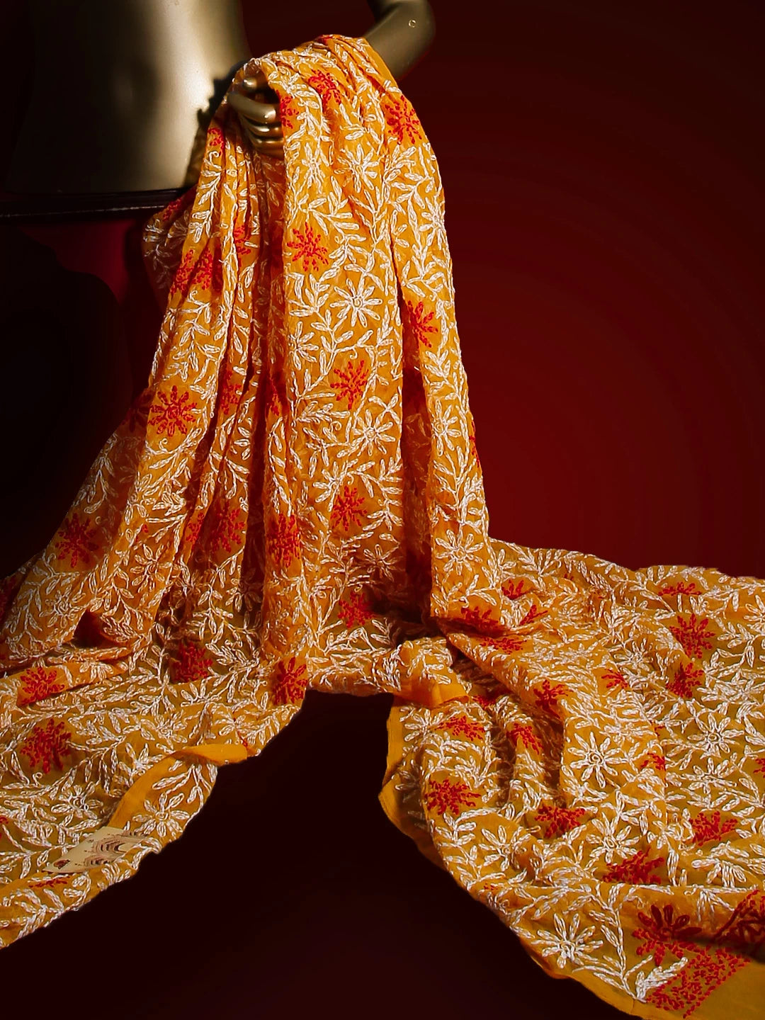 Ada Hand Embroidered Mustard Georgette Lucknowi Chikankari Dupatta 01A211082