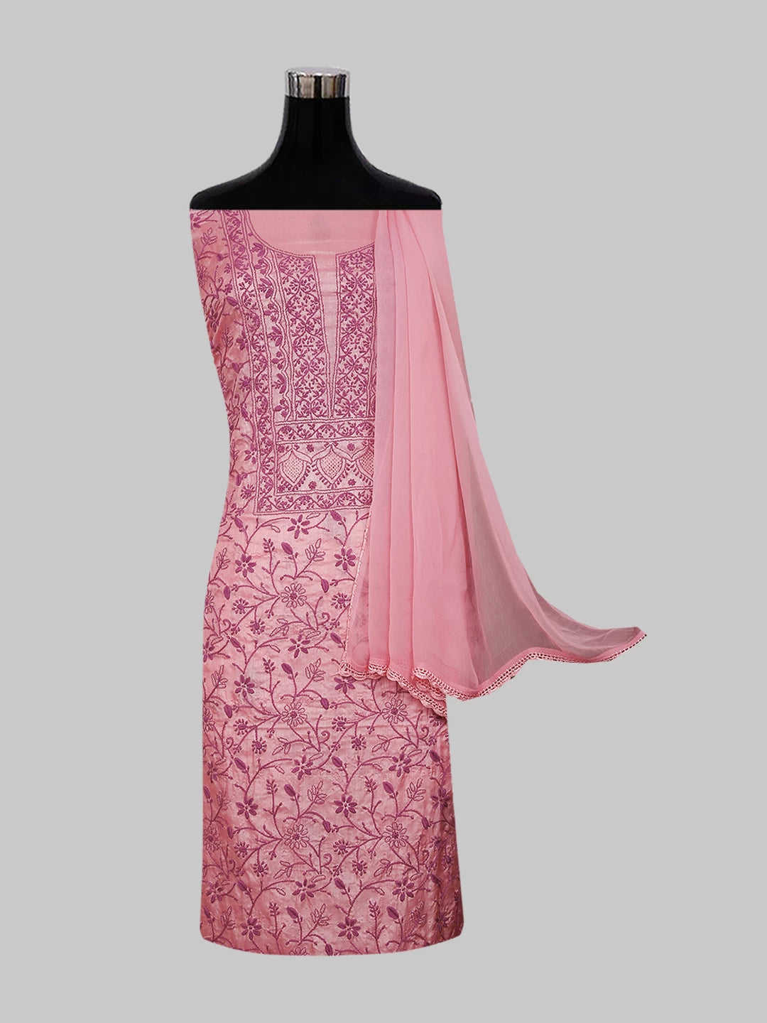 Ada Hand Embroidered Brink Pink Silk Lucknowi Chikankari Unstitched Suit Piece 01A512090