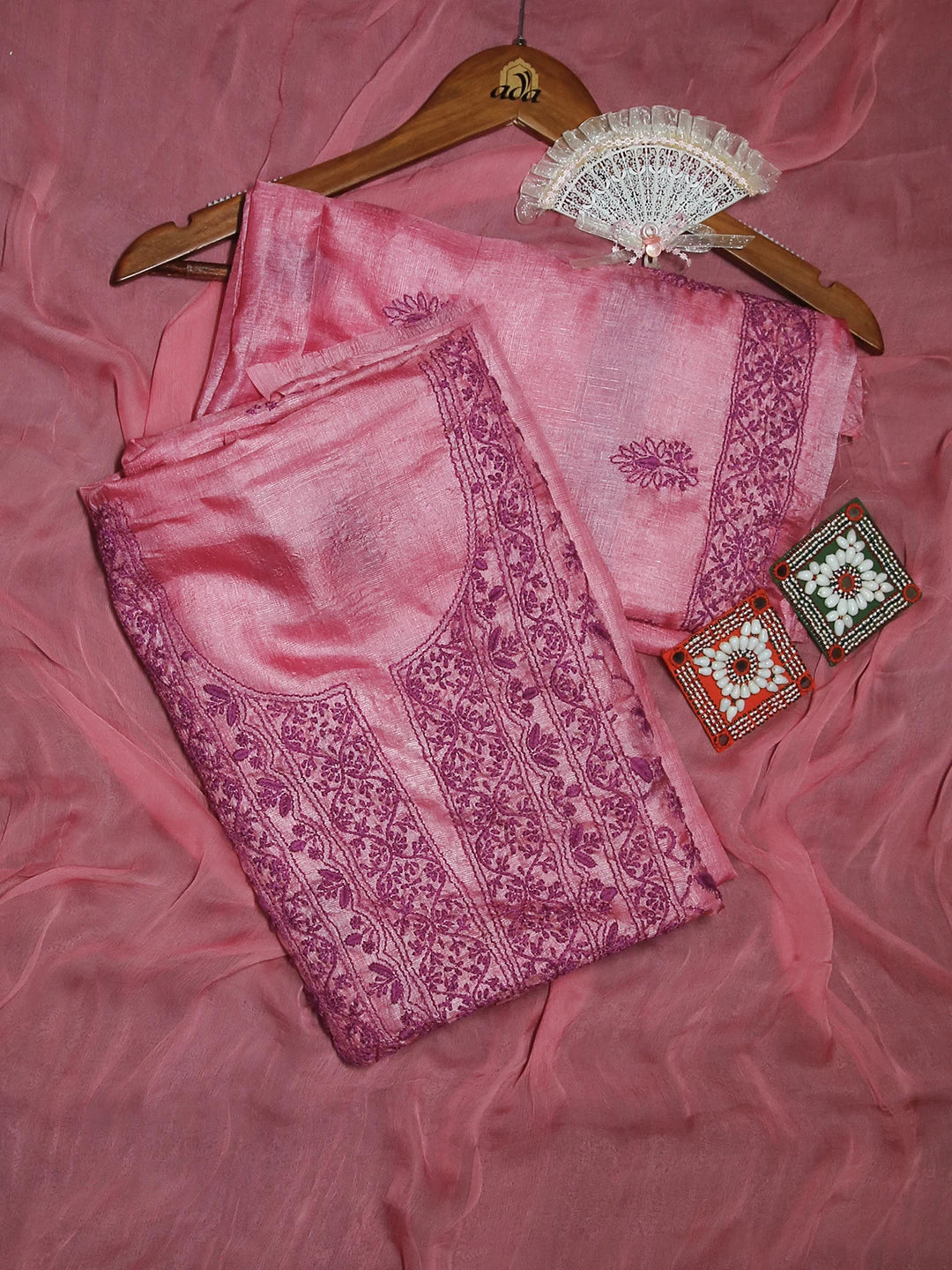 Ada Hand Embroidered Brink Pink Silk Lucknowi Chikankari Unstitched Suit Piece 01A512090