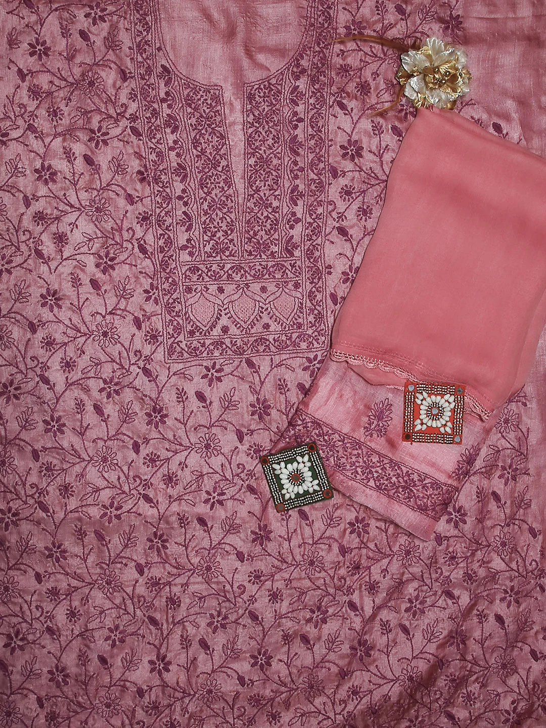 Ada Hand Embroidered Brink Pink Silk Lucknowi Chikankari Unstitched Suit Piece 01A512090