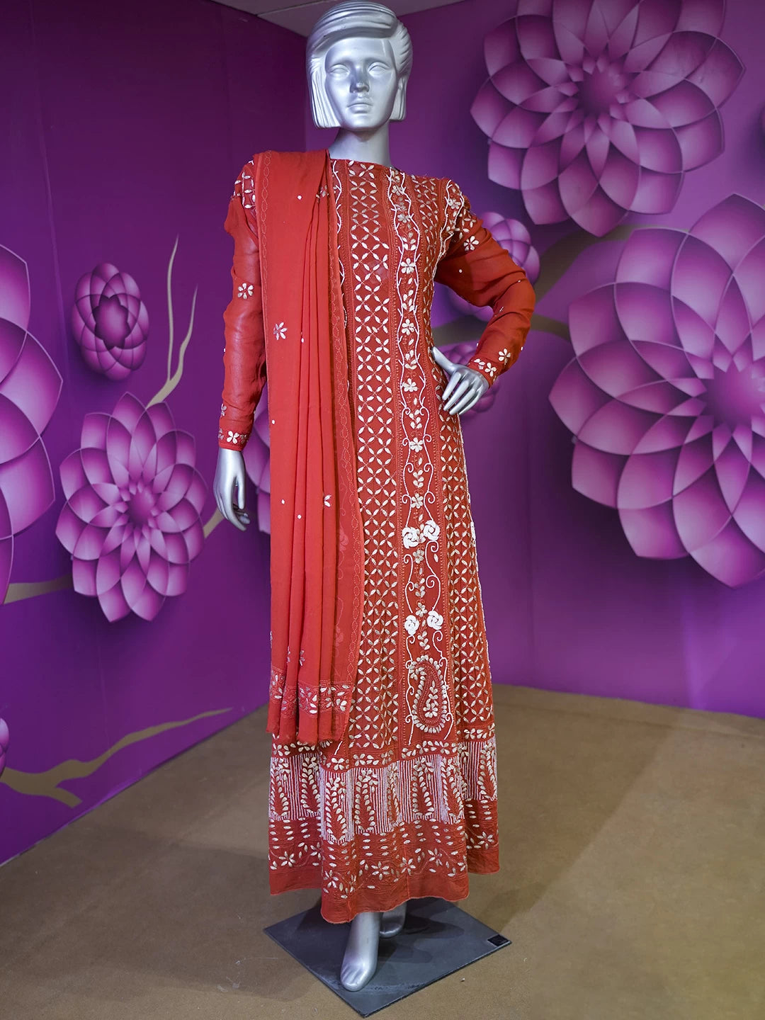 Ada Hand Embroidered Red Viscose Georgette Lucknowi Chikankari Semi-Stitched Anarkali Kurta Dupatta Set With Gota Patti Work 01A388168