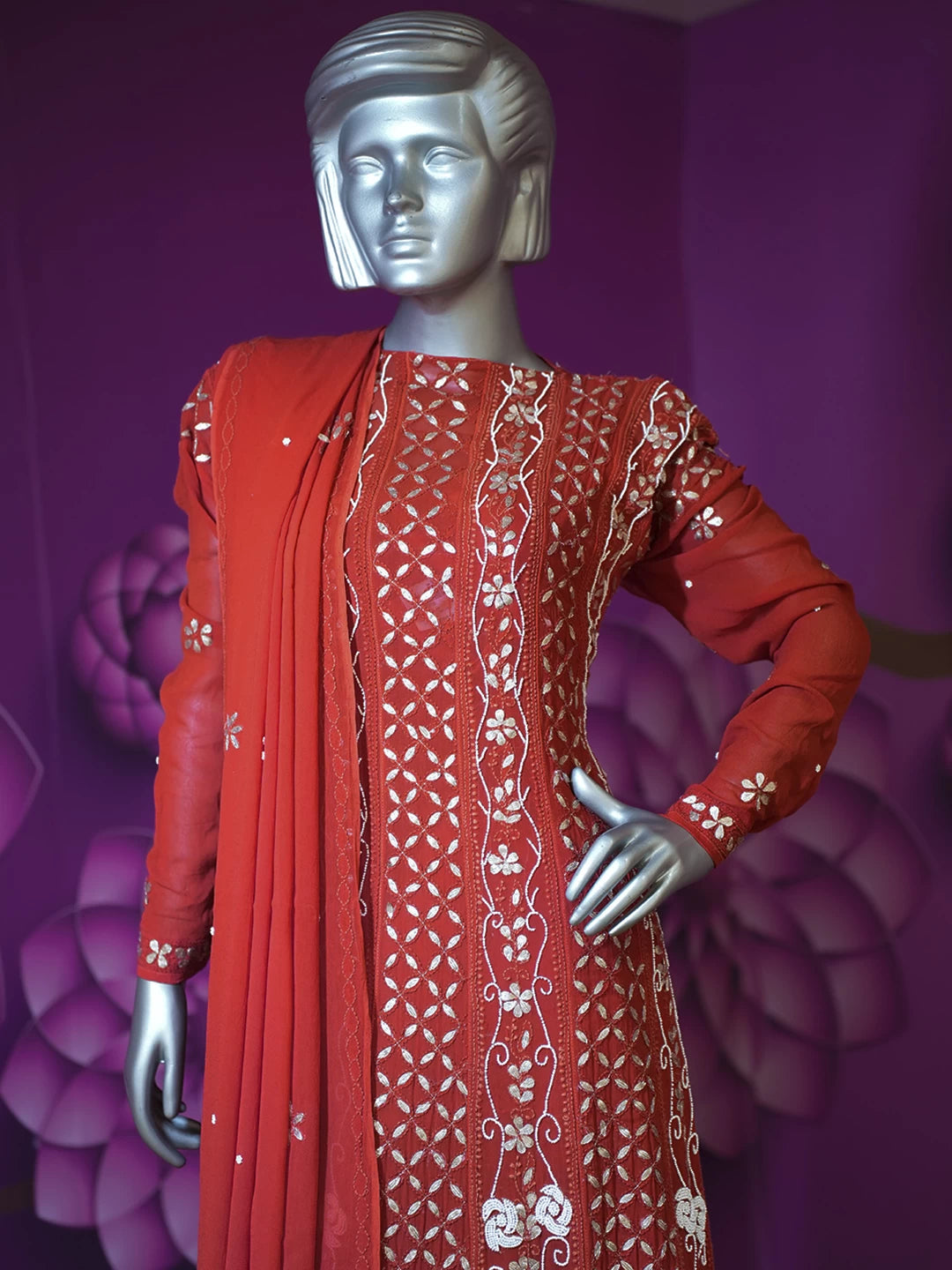 Ada Hand Embroidered Red Viscose Georgette Lucknowi Chikankari Semi-Stitched Anarkali Kurta Dupatta Set With Gota Patti Work 01A388168