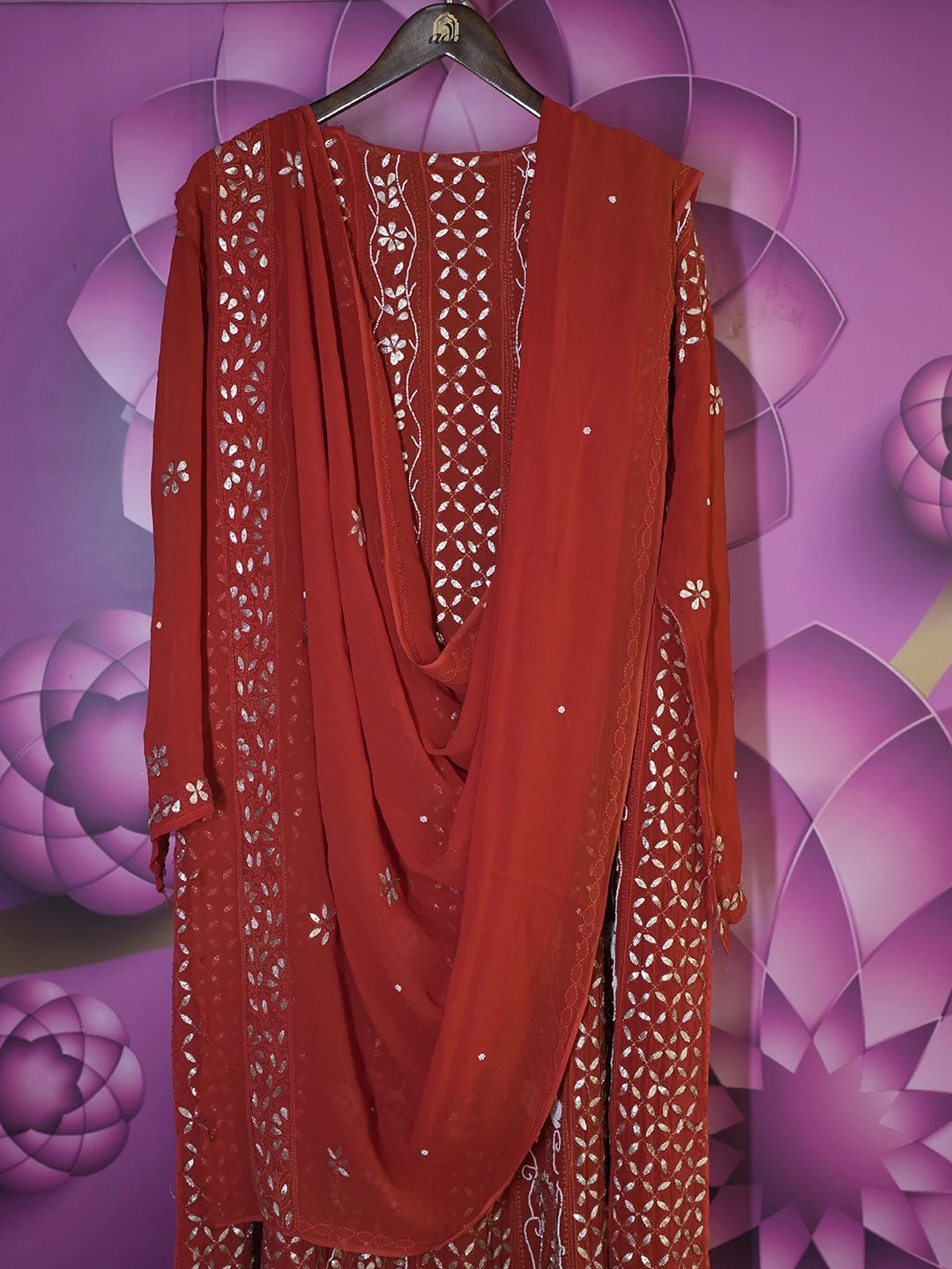 Ada Hand Embroidered Red Viscose Georgette Lucknowi Chikankari Semi-Stitched Anarkali Kurta Dupatta Set With Gota Patti Work 01A388168