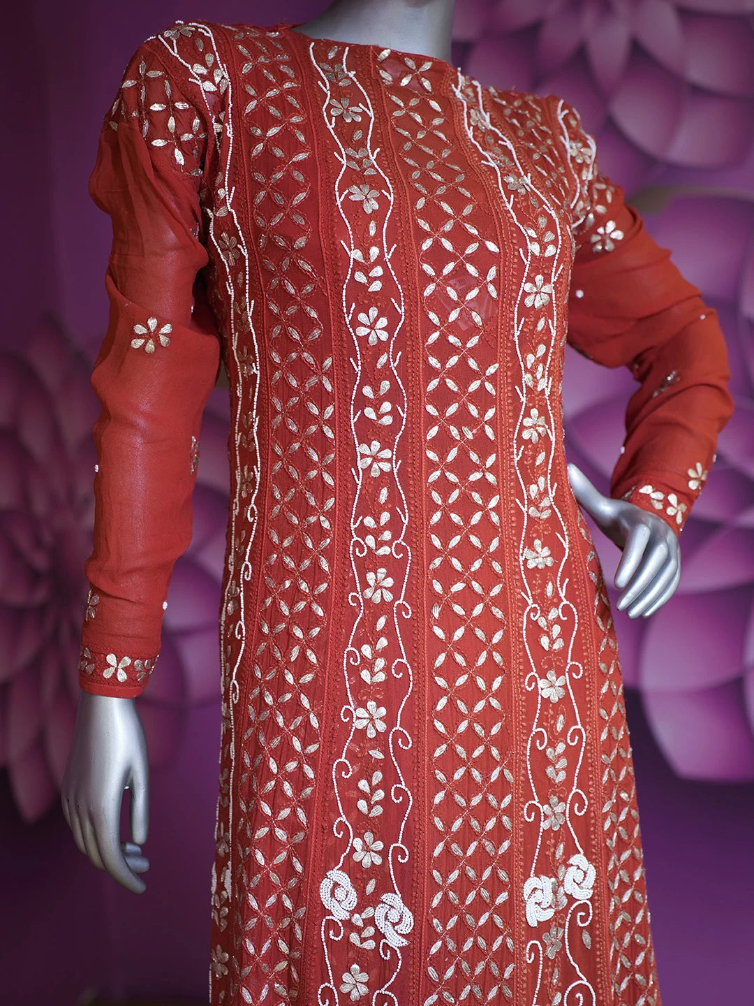 Ada Hand Embroidered Red Viscose Georgette Lucknowi Chikankari Semi-Stitched Anarkali Kurta Dupatta Set With Gota Patti Work 01A388168
