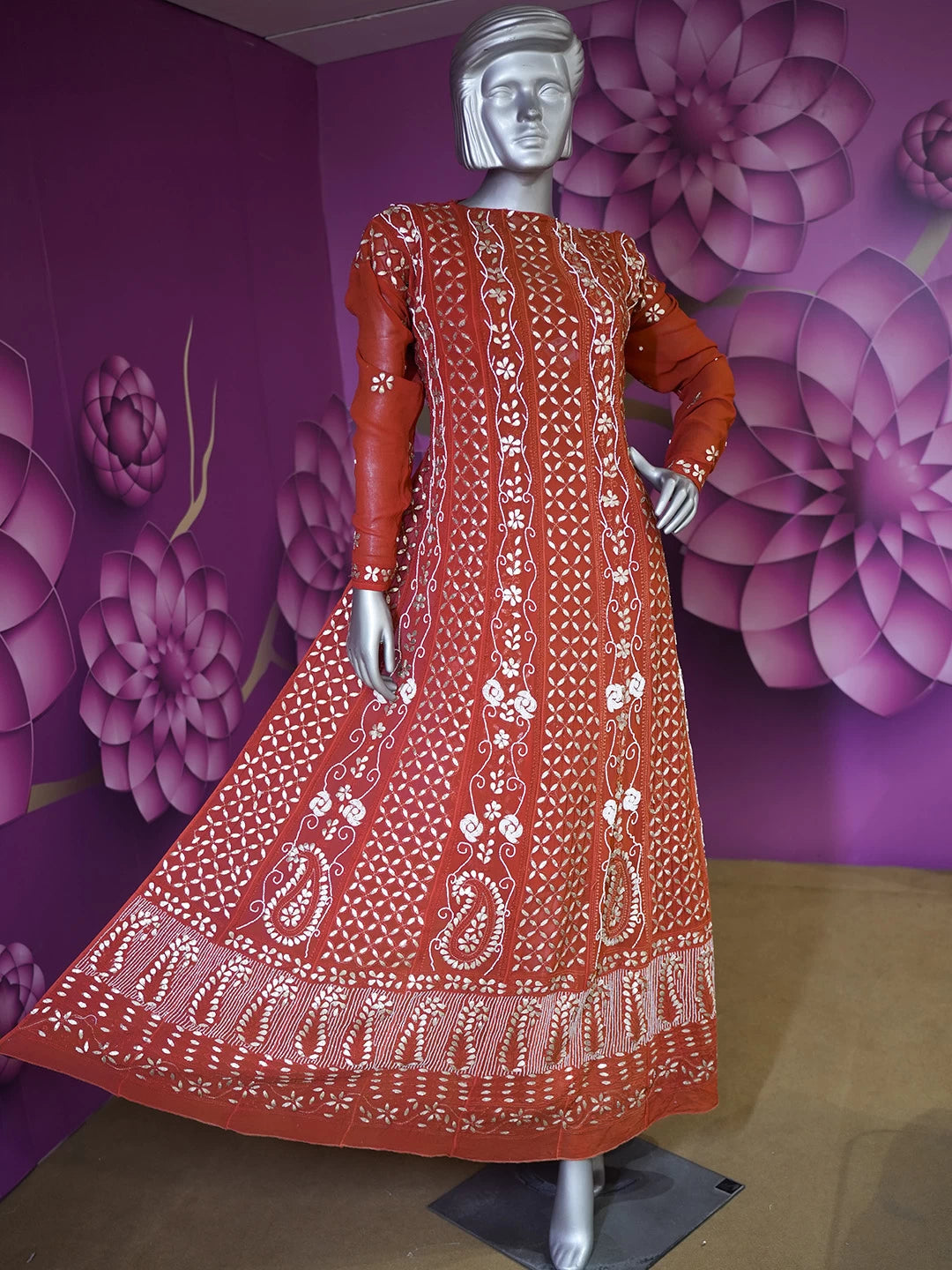 Ada Hand Embroidered Red Viscose Georgette Lucknowi Chikankari Semi-Stitched Anarkali Kurta Dupatta Set With Gota Patti Work 01A388168