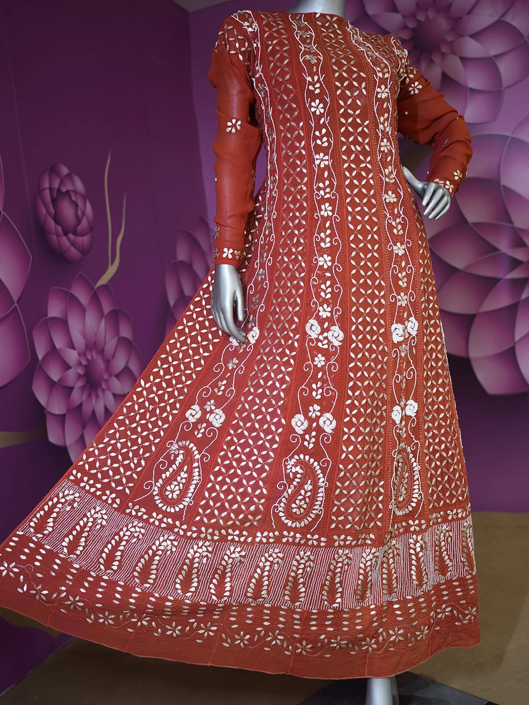 Ada Hand Embroidered Red Viscose Georgette Lucknowi Chikankari Semi-Stitched Anarkali Kurta Dupatta Set With Gota Patti Work 01A388168