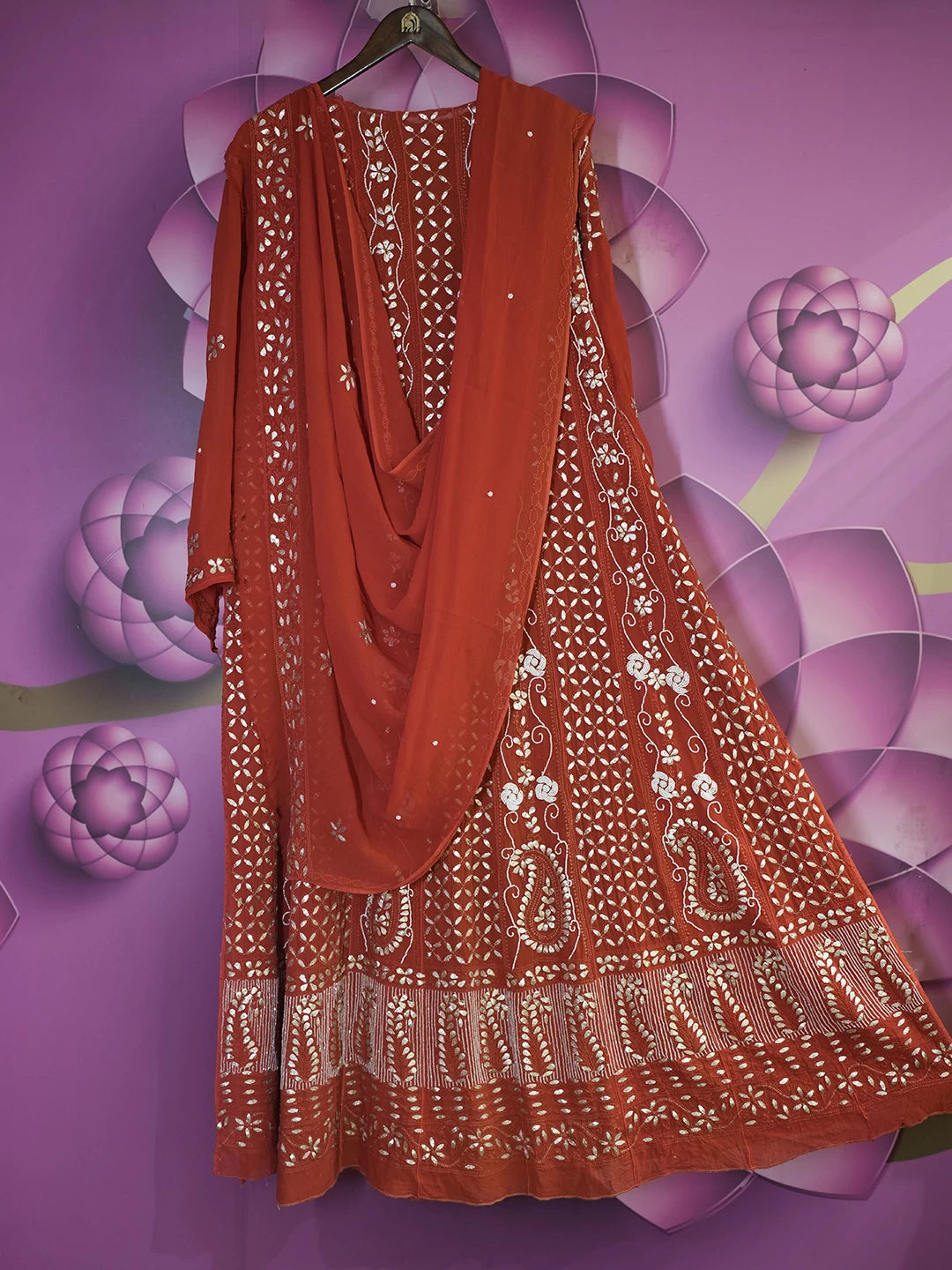 Ada Hand Embroidered Red Viscose Georgette Lucknowi Chikankari Semi-Stitched Anarkali Kurta Dupatta Set With Gota Patti Work 01A388168