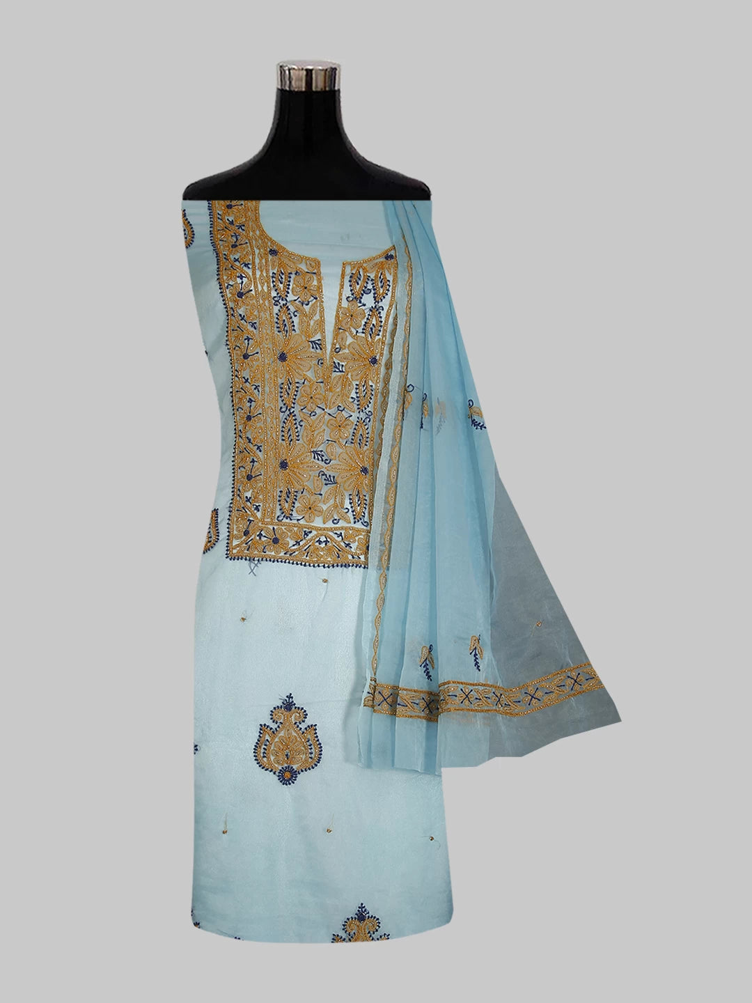Ada Hand Embroidered Blue Organza Lucknowi Chikankari Unstitched Kurta Dupatta Set With Cutdana Work 01A103101