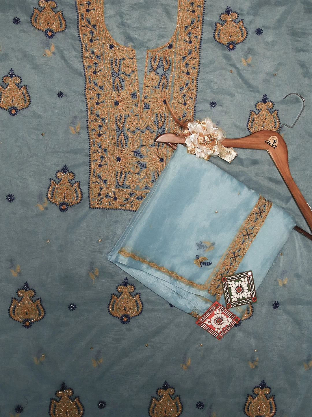 Ada Hand Embroidered Blue Organza Lucknowi Chikankari Unstitched Kurta Dupatta Set With Cutdana Work 01A103101