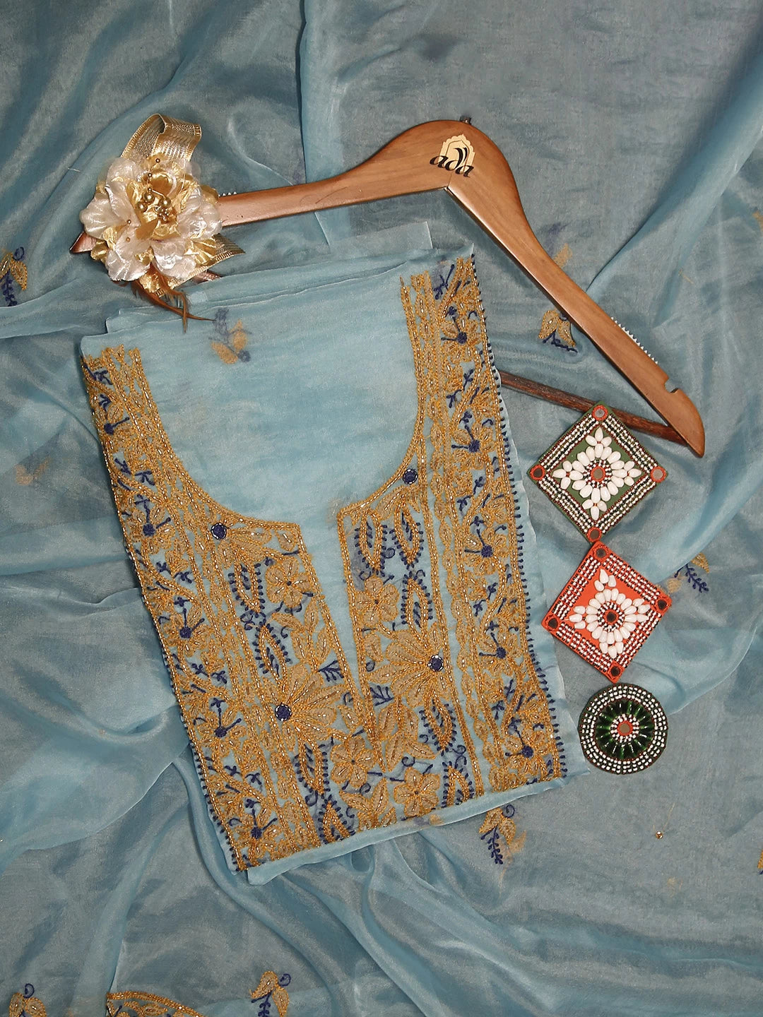 Ada Hand Embroidered Blue Organza Lucknowi Chikankari Unstitched Kurta Dupatta Set With Cutdana Work 01A103101