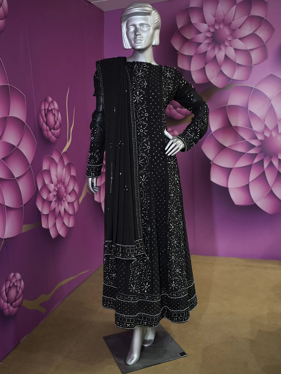 Ada Hand Embroidered Black Pure Georgette Lucknowi Chikankari Semi-Stitched Anarkali Kurta Dupatta Set With Pearl Work 01A166225