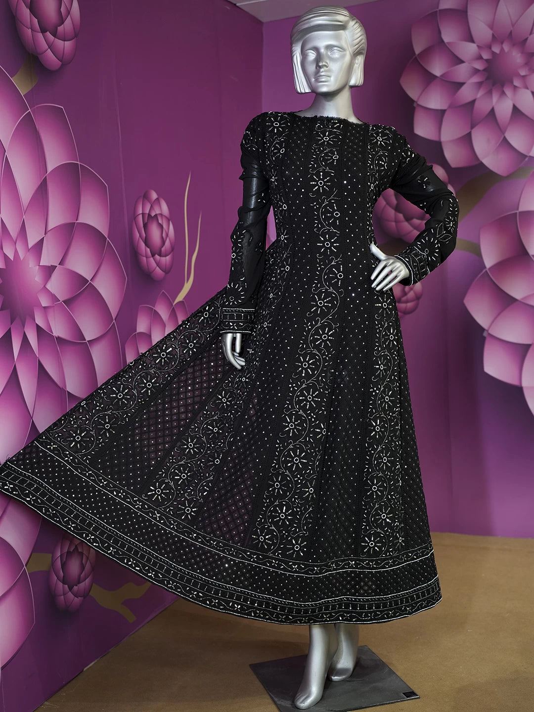 Ada Hand Embroidered Black Pure Georgette Lucknowi Chikankari Semi-Stitched Anarkali Kurta Dupatta Set With Pearl Work 01A166225