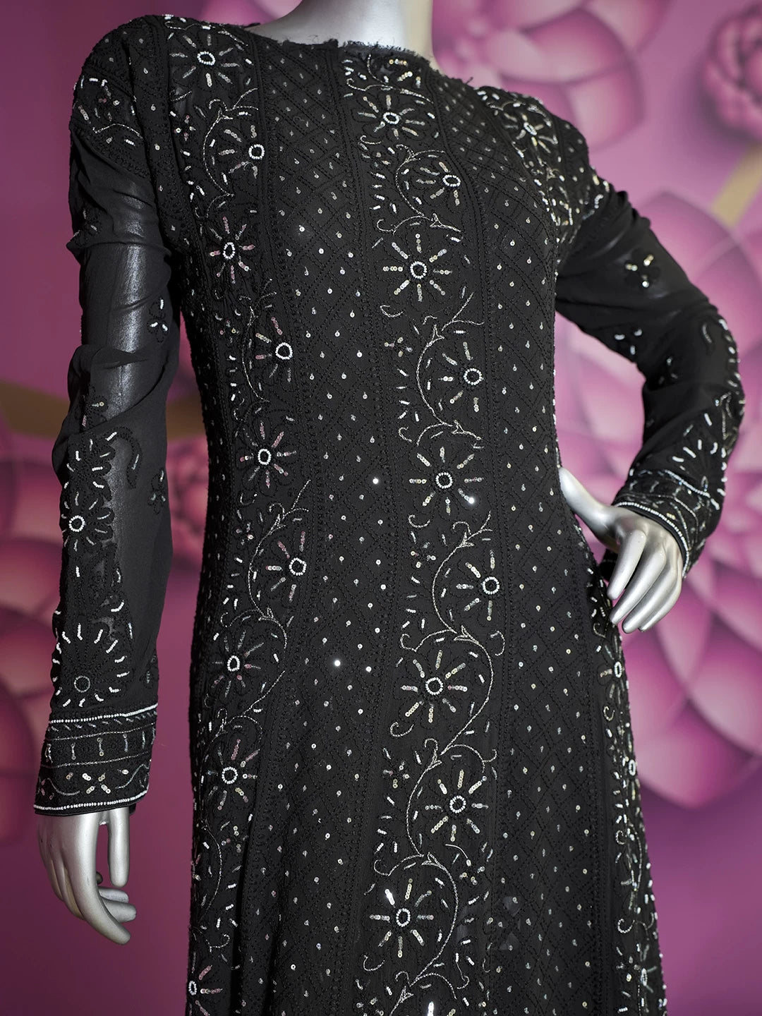 Ada Hand Embroidered Black Pure Georgette Lucknowi Chikankari Semi-Stitched Anarkali Kurta Dupatta Set With Pearl Work 01A166225