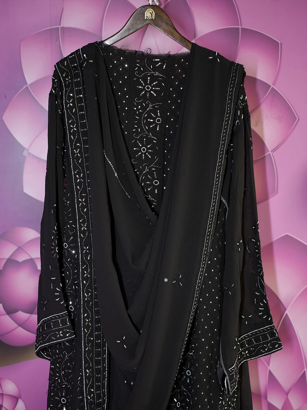 Ada Hand Embroidered Black Pure Georgette Lucknowi Chikankari Semi-Stitched Anarkali Kurta Dupatta Set With Pearl Work 01A166225
