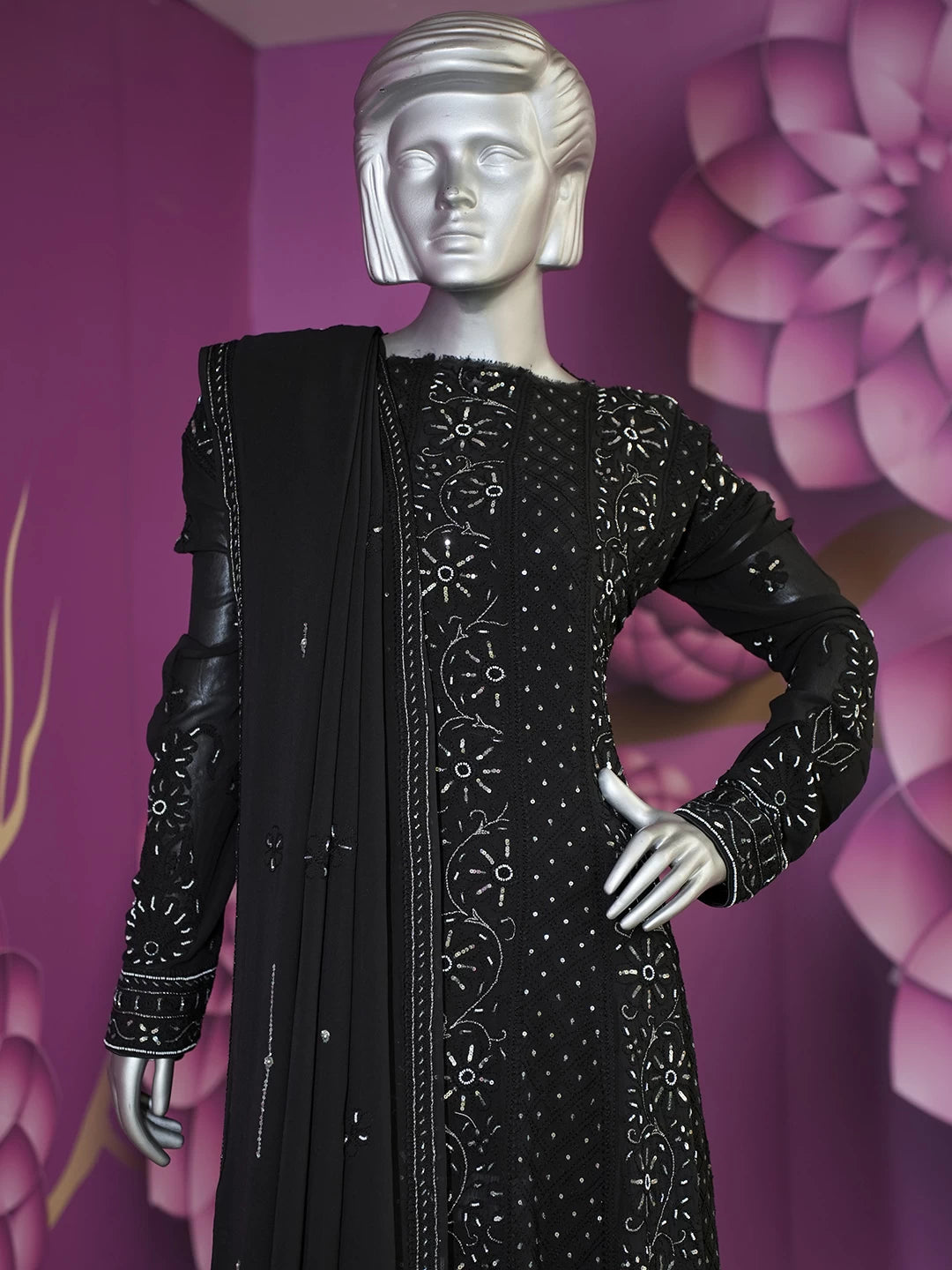Ada Hand Embroidered Black Pure Georgette Lucknowi Chikankari Semi-Stitched Anarkali Kurta Dupatta Set With Pearl Work 01A166225