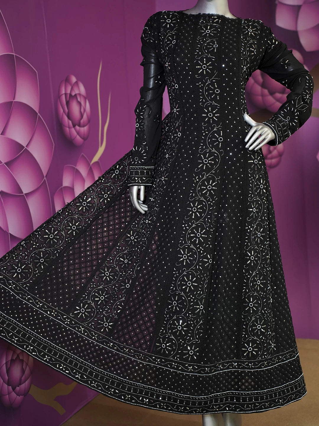 Ada Hand Embroidered Black Pure Georgette Lucknowi Chikankari Semi-Stitched Anarkali Kurta Dupatta Set With Pearl Work 01A166225