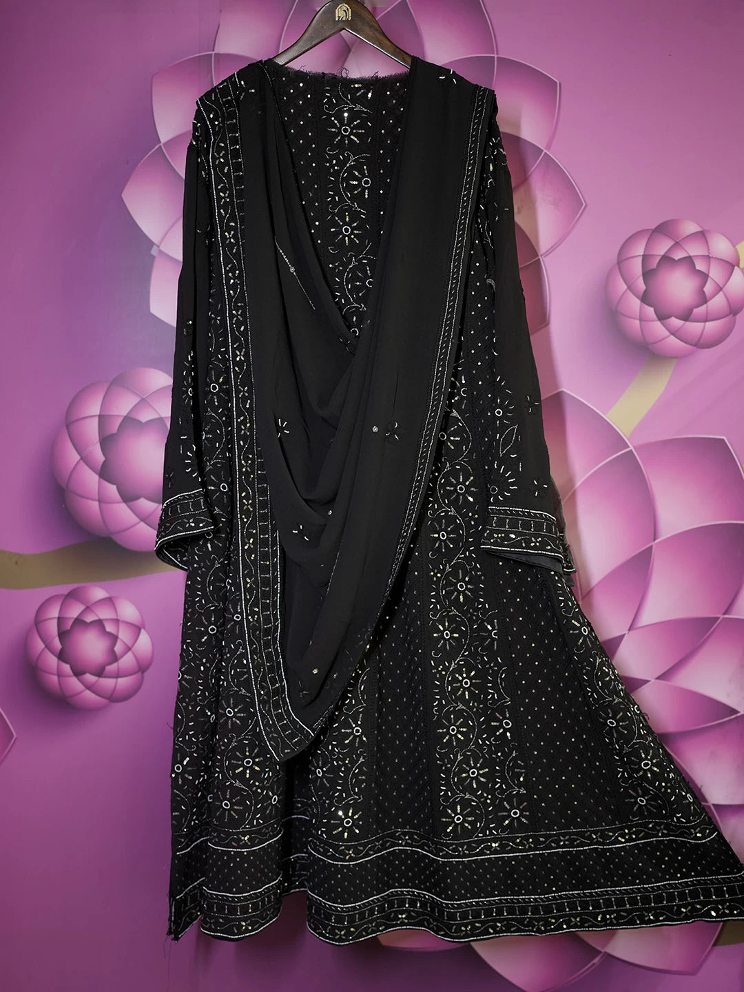 Ada Hand Embroidered Black Pure Georgette Lucknowi Chikankari Semi-Stitched Anarkali Kurta Dupatta Set With Pearl Work 01A166225