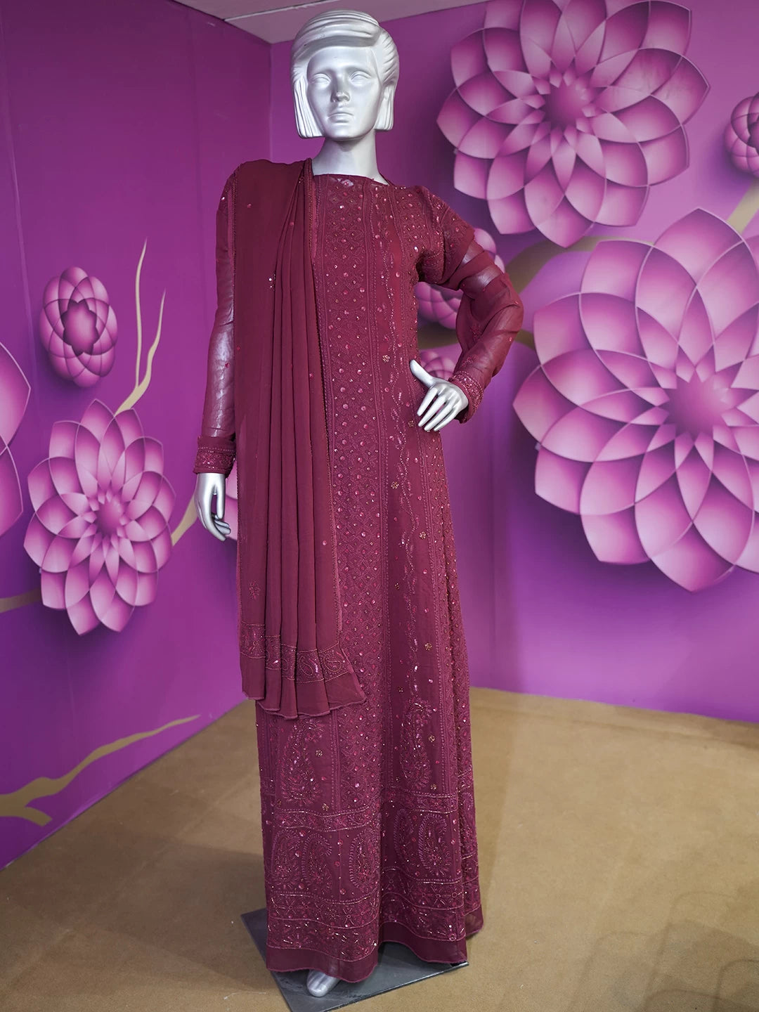 Ada Hand Embroidered Maroon Viscose Georgette Lucknowi Chikankari Semi-Stitched Anarkali Kurta Dupatta Set With Pearl Work 01A456050