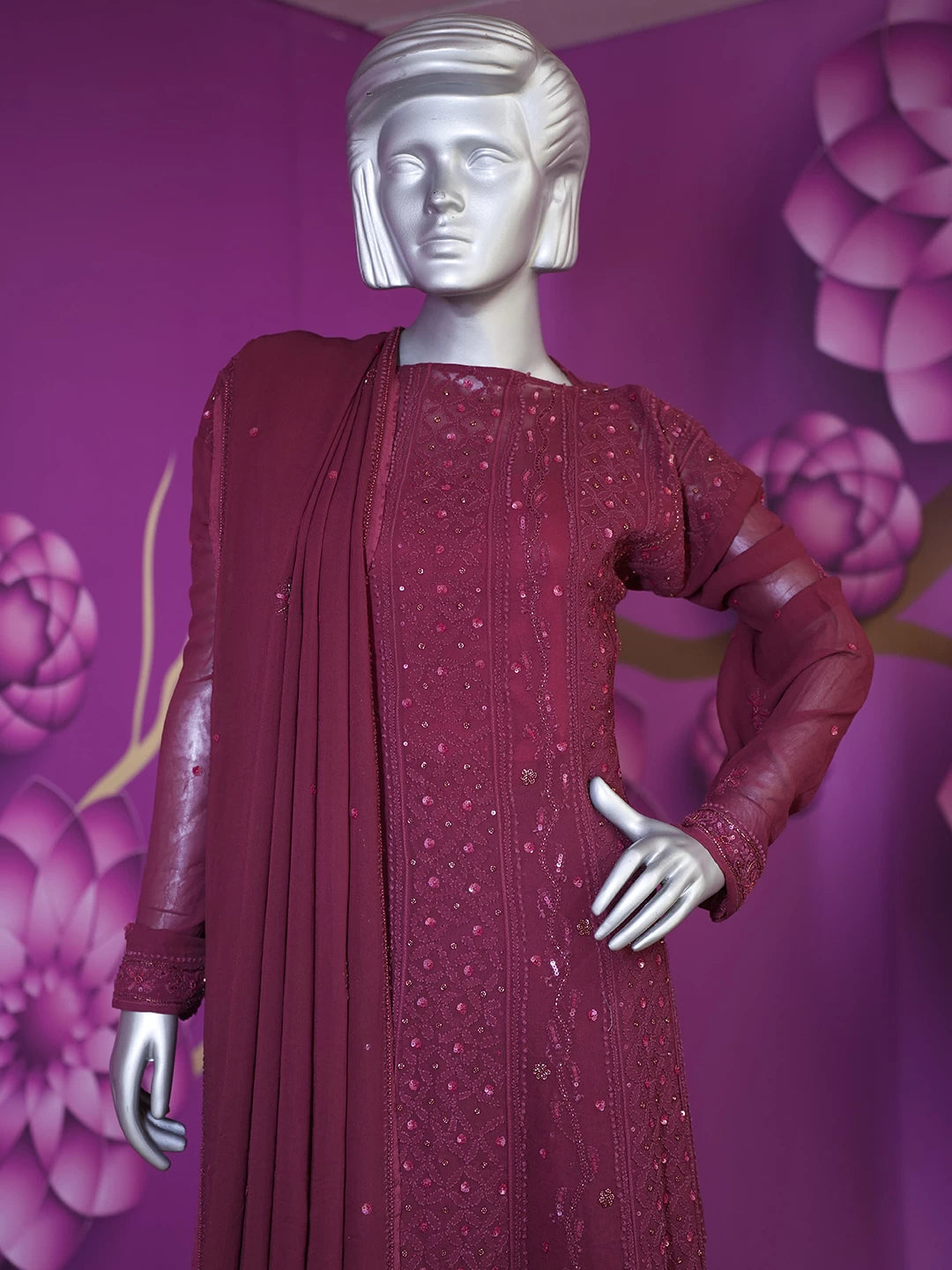 Ada Hand Embroidered Maroon Viscose Georgette Lucknowi Chikankari Semi-Stitched Anarkali Kurta Dupatta Set With Pearl Work 01A456050