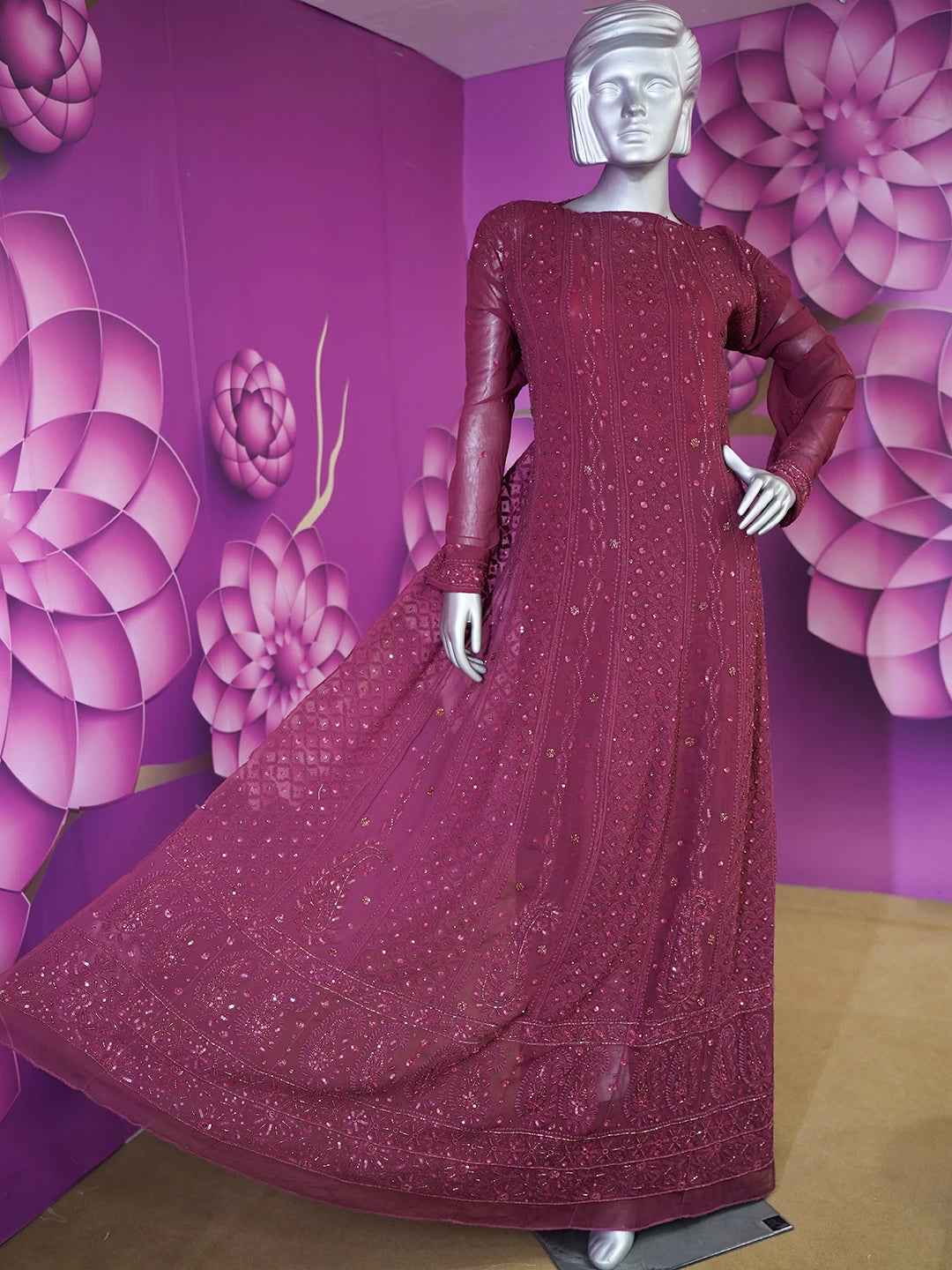 Ada Hand Embroidered Maroon Viscose Georgette Lucknowi Chikankari Semi-Stitched Anarkali Kurta Dupatta Set With Pearl Work 01A456050