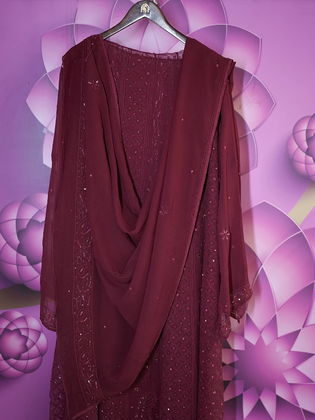 Ada Hand Embroidered Maroon Viscose Georgette Lucknowi Chikankari Semi-Stitched Anarkali Kurta Dupatta Set With Pearl Work 01A456050