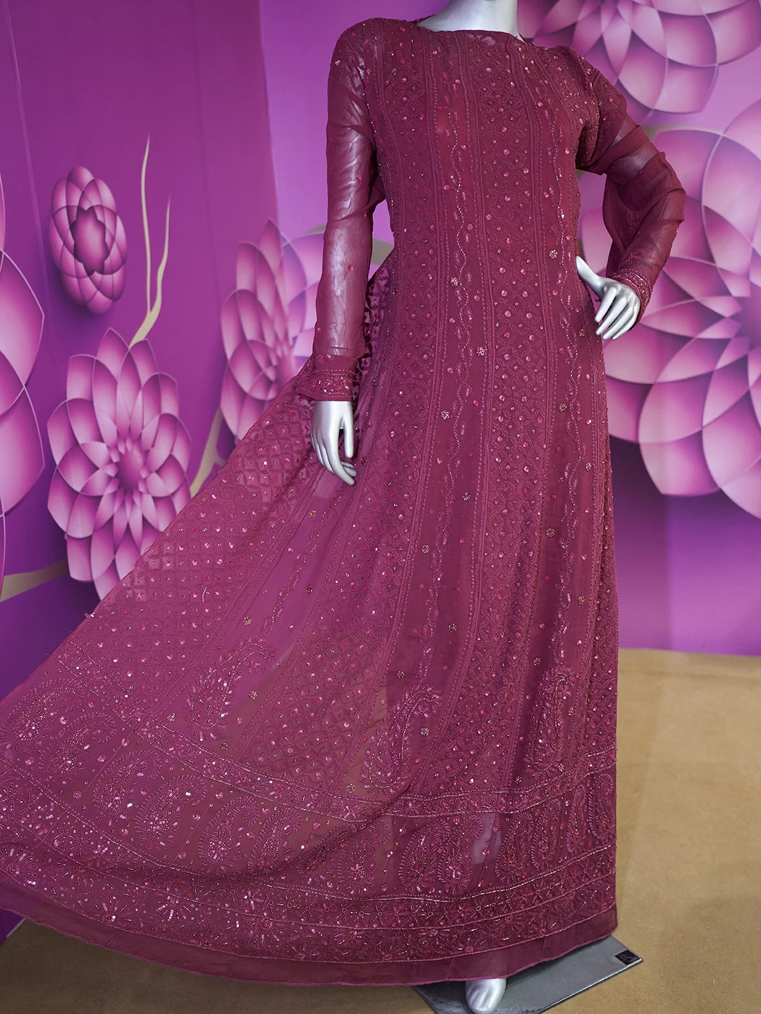 Ada Hand Embroidered Maroon Viscose Georgette Lucknowi Chikankari Semi-Stitched Anarkali Kurta Dupatta Set With Pearl Work 01A456050